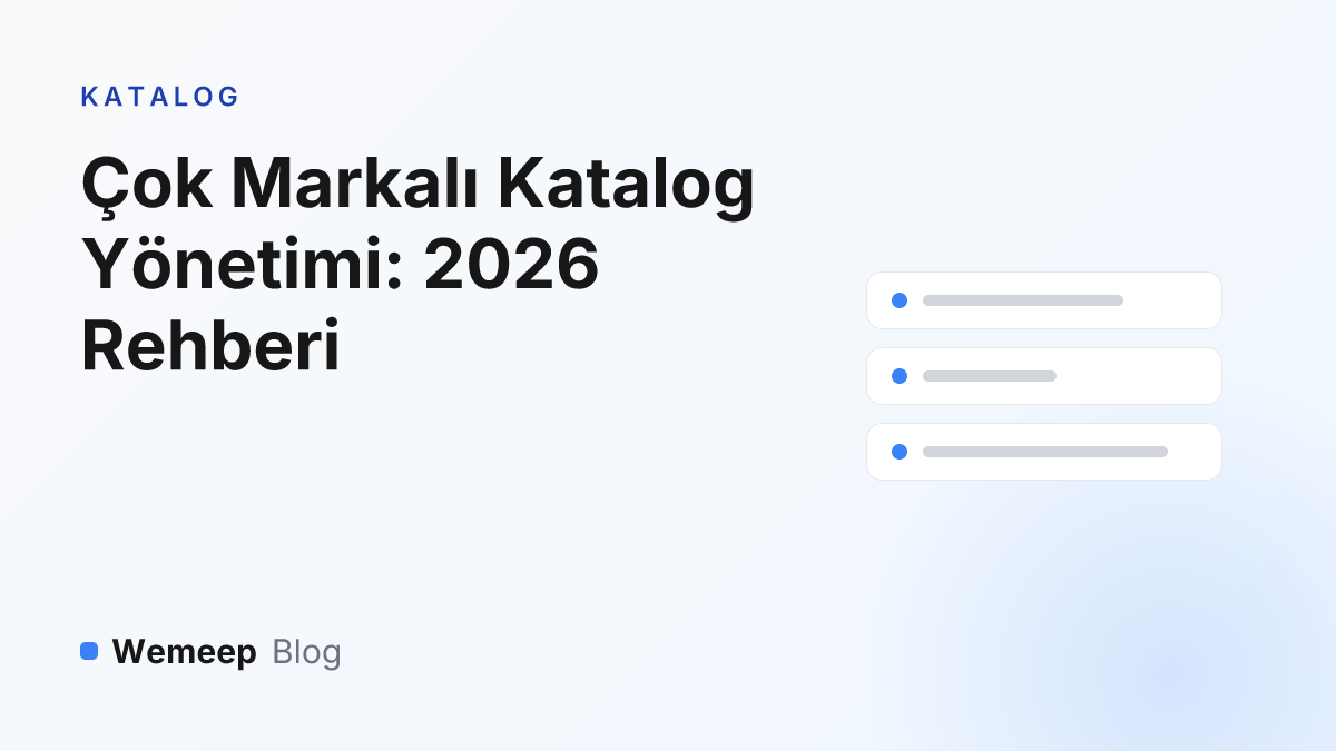 Çok markalı katalog yönetimi 2026 rehberi kapak görseli — ürün satırları ve marka noktaları
