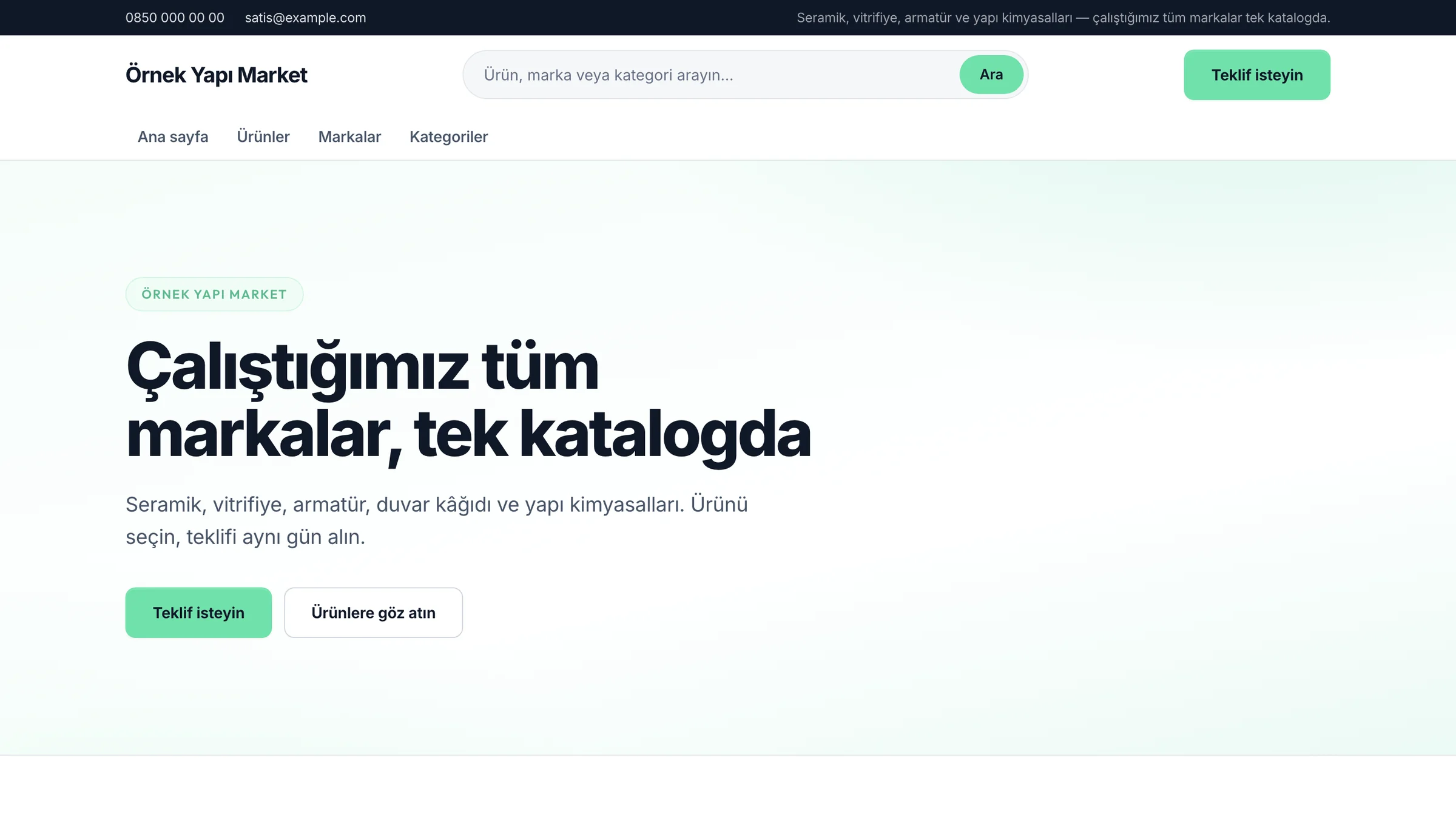 Örnek Yapı Market vitrininin ana sayfası: “Çalıştığımız tüm markalar, tek katalogda” başlığı, teklif isteme ve ürünlere göz atma butonları.